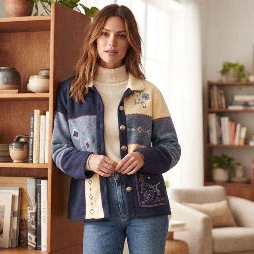 Vintage Teddi Womens Size Large Patchwork Terry Cloth Jacket Embroidered Y2K